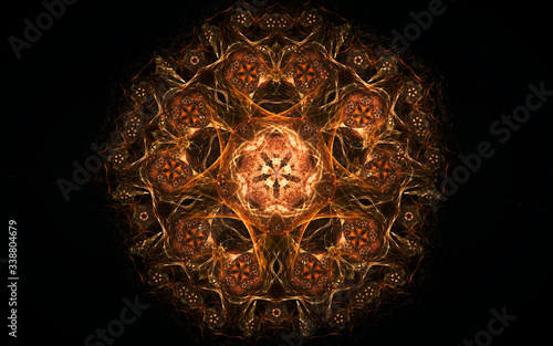 fantastic abstract symmetrical flower with petals consisting of a variety of geometric shapes of different colors on a black background
