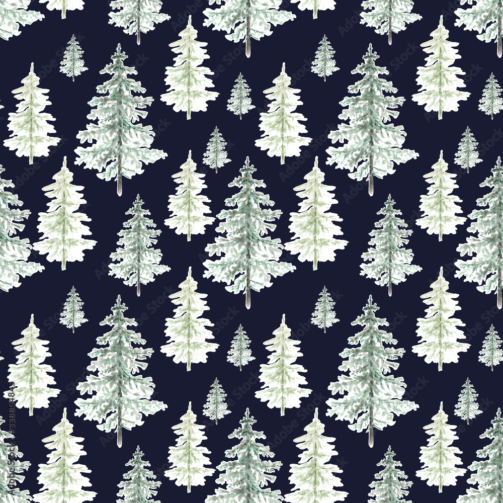 Fototapeta premium Seamless pattern with Christmas trees on a dark background. 