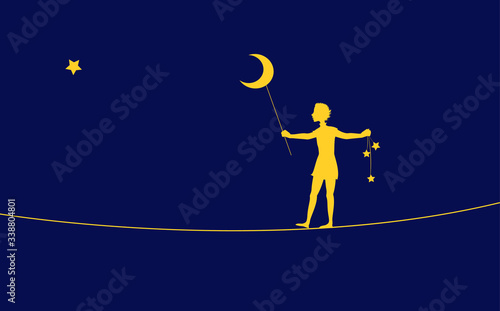 Peter Pan silhouette, boy going on the rope and holding moon and stars, on the heavens, dream,
