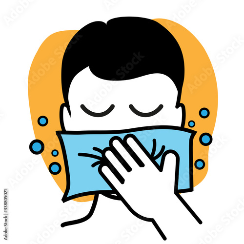 Man Covering Mouth with tissue while sneezing to prevent protect coronavirus covid-19, flu, Aerosol transmission of infectious disease.Personal Hygiene to preventing pandemic virus.