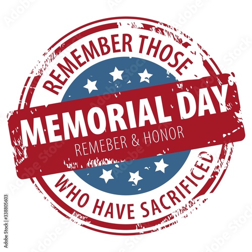 Memorial Day text in round rubber stamp icon isolated on white background.