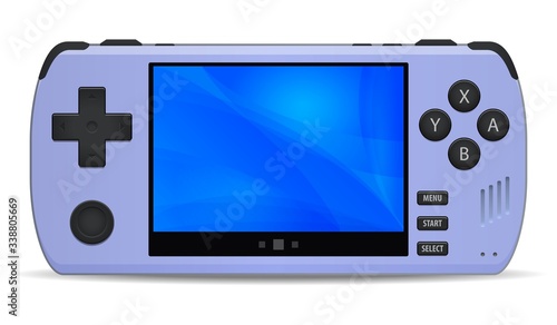Game console portable handheld light violet icon isolated on background. Multimedia or Computer Video Games portable hand held retro game console.