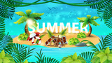 Summer banner design concept in beach island with palm trees, a treasure chest and a frame of tropical leaves in blue sky background. Vector illustration.