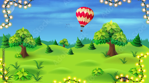 Summer landscape with pines and trees on green meadow on background of blue sky with air ballon. Summer background with cartoon landscape and frame of garland