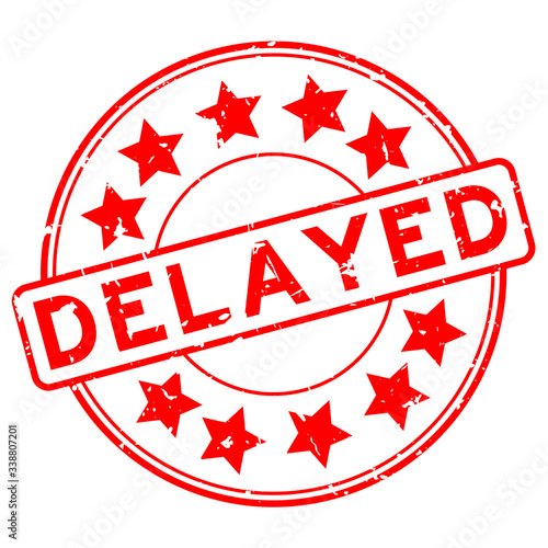 Grunge red delayed word with star icon round rubber seal stamp on white background