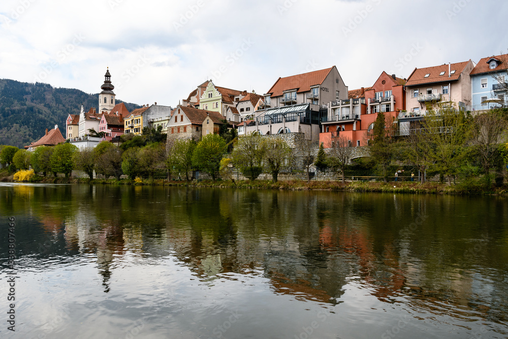 Panorama of the riverside in Frohnleiten, Styria, Austria on a cloudy day
