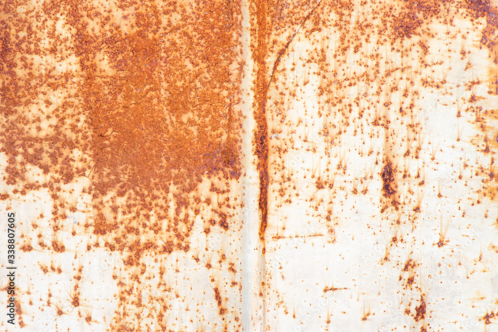 Grunge red brown rust on white metallic sheet textured background