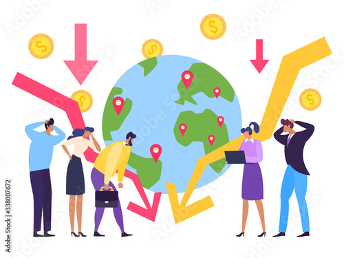 Global economy crisis, currency collapse concept vector illustration. Falling chart global economy, planet with marked places. Man and woman observe drop in production during quarantine.