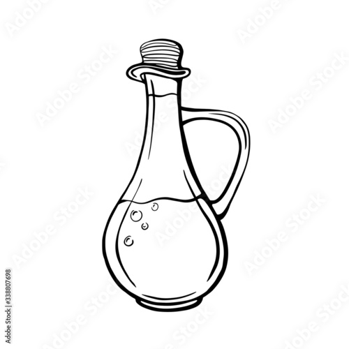 Hand-drawn set of olive oil bottle isolated on a white background. Extra virgin olive oil. Vintage style. Vector illustration in Doodle style