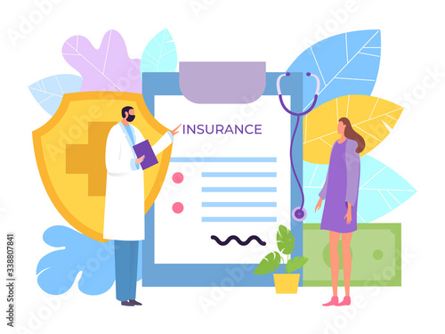 Healthcare medical insurance concept, vector illustration. Girl patient enters into agreement with personal attending physician. Man character talk about benefits, large document and money.