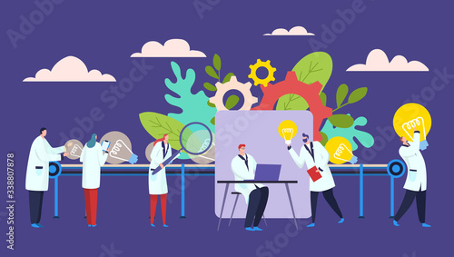 Idea factory business concept vector illustration. Teamwork with conveyor creative thoughts, light bulb idea. Man show boss idea, write to laptop. Woman worker examine empty light bulb.