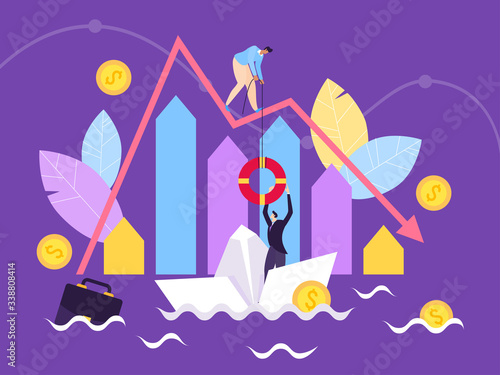 Bankruptsy sinking business, falling chart concept vector illustration. Decreasing income chart, profit table. Man character businessman rescues cofounder common cause, hold out lifebuoy. photo