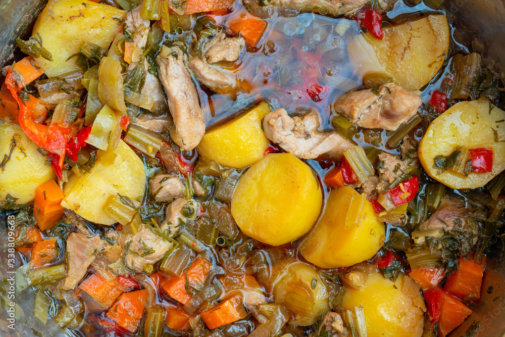 Canned stewed meat. Hot bowler. The texture of the food. Homemade food. Hot dish. Canned stewed meat. Hot bowler. The texture of the food. Homemade food. Hot dish.