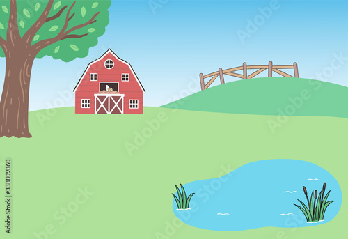 Farm landscape, with red barn and pond, distant view with hillside and fence,There is a henhouse above the barn door, and the hen is hatching eggs