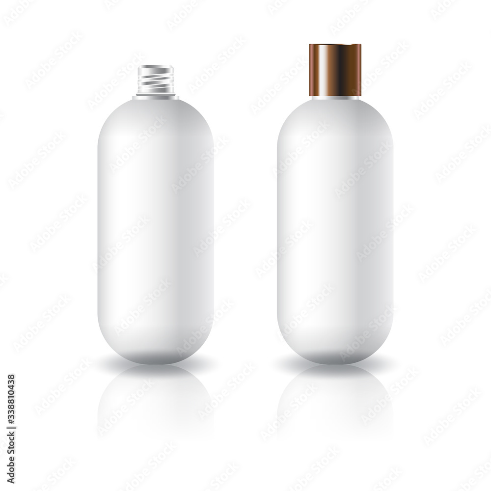 Blank white oval round cosmetic bottle with plain screw lid for beauty product packaging. Isolated on white background with reflection shadow. Ready to use for package design. Vector illustration. Blank white oval round cosmetic bottle with plain screw lid for beauty product packaging. Isolated on white background with reflection shadow. Ready to use for package design. Vector illustration.