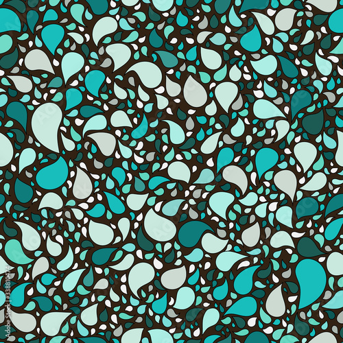 Seamless pattern with turquoise, green and blue hand drown drops on dark background.