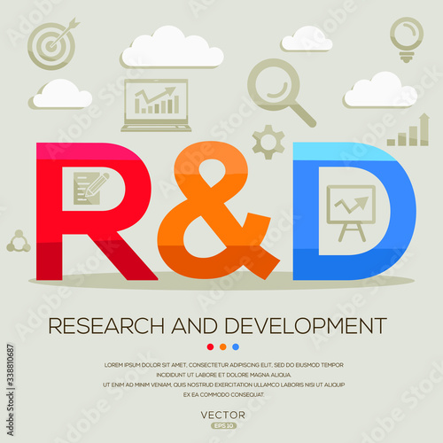R&D mean (research and development) ,letters and icons,Vector illustration.