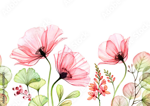 Watercolor Poppy seamless border. Horizontal repetitive pattern. Abstract pink flowers with leaves and fresia branches on white. Botanical illustration for cards, wedding design © Katerina Kolberg