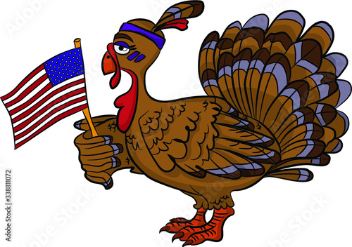 Live cartoon brown turkey with an indian hoop on the head and flag of USA in wing isolated from the side face