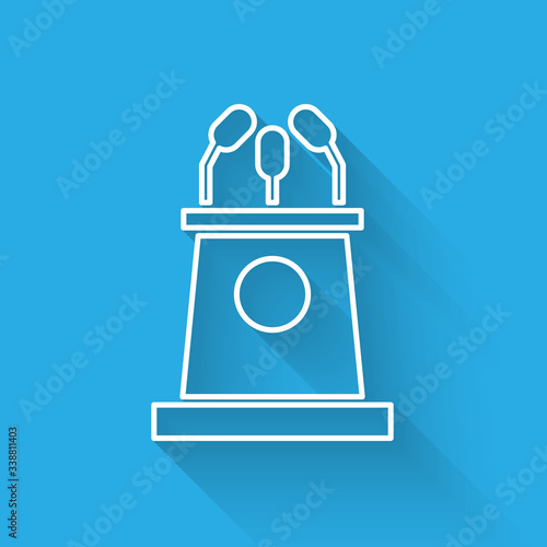 White line Stage stand or debate podium rostrum icon isolated with long shadow. Conference speech tribune.  Vector Illustration