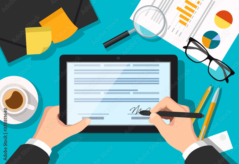 Vector flat illustration of man signing online form on his tablet with documents and working equipment on his table