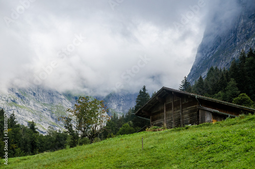 Mountain landscape, snowy mountain peaks. Mountain, coniferous forests surrounded by mountains. Summer alpine village. Alps mountain range. Village in the mountains in the summer.