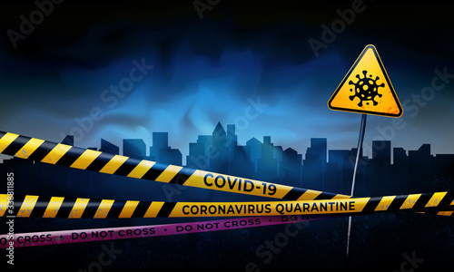 Coronavirus quarantine warning tapes and sign of viral hazard. Quarantined city. Coronavirus epidemic covid-19. Epidemic barrage lines. Pandemic covid-19. Vector grunge template