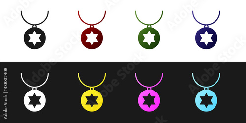 Set Star of David necklace on chain icon isolated on black and white background. Jewish religion. Symbol of Israel. Jewellery and accessory.  Vector Illustration
