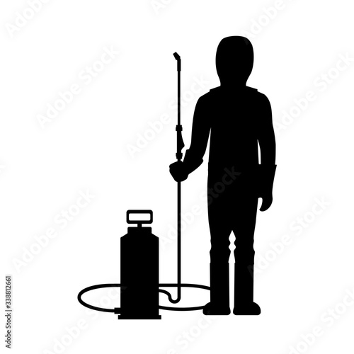 Man in protective medical suit with disinfecting sprayer.