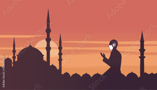 Eid Mubarak protective surgical mask a man praying in front of mosque and minaret at sunset  coronavirus (COVID-19) Concepts vector