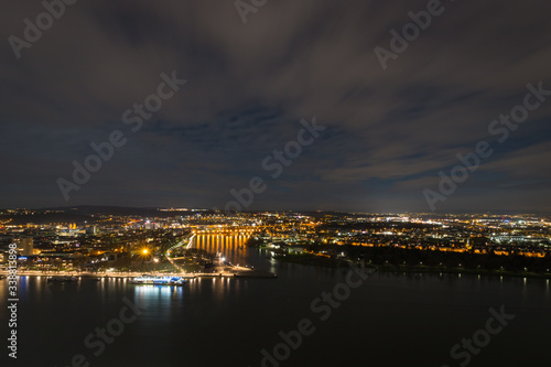 Panorama view of Koblenz, Germany at night. River Mosel runs into river Rhine at so called "Deutsches Eck" (English "German Corner".