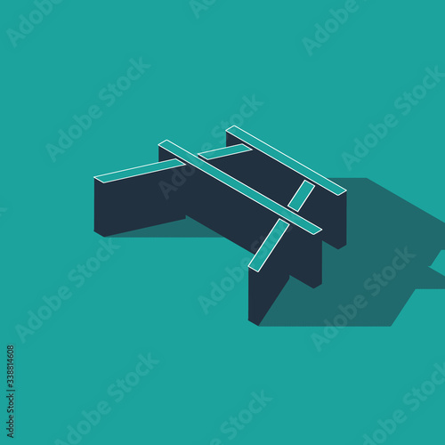 Isometric Picnic table with benches on either side of the table icon isolated on green background.  Vector Illustration