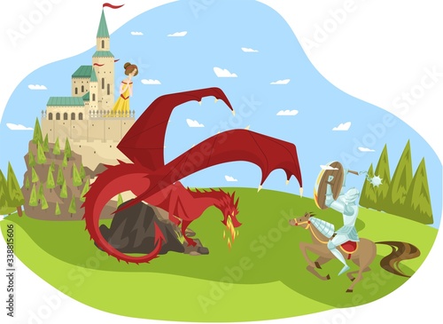 Fairy character prince defeat red dragon, save princess, castle, fortress, fantasy flat vector illustration. Rider on horse fighting fire breather serpent, male hero salvage female. Love story.