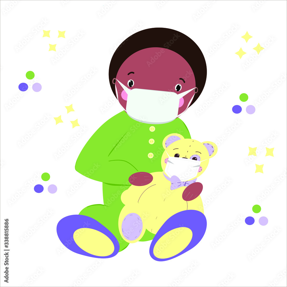 A little boy in a protective medical mask holds a teddy bear with a protective mask. Children's illustration on the topic of childcare.