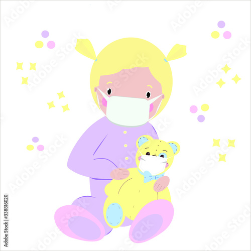 Beautiful little blonde girl wearing a protective medical mask and holding a teddy bear in a mask.Vector illustration isolated on white background.