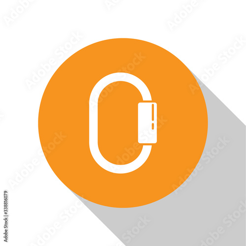 White Carabiner icon isolated on white background. Extreme sport. Sport equipment. Orange circle button. Vector Illustration