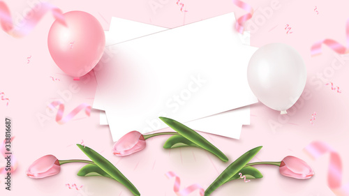 Holiday banner design with white sheets, pink and white balloons, falling foil confetti and tulips on rosy background