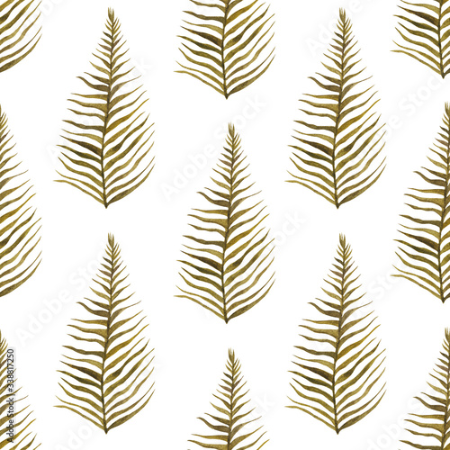 Seamless pattern with watercolor green leaves on white background