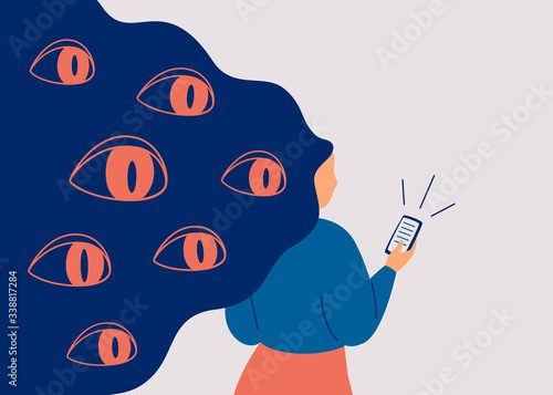 Spywares spy through the phone. Big eyes peek from hair at smartphone of woman. Concept of safety use personal data in social media and internet. Vector illustration