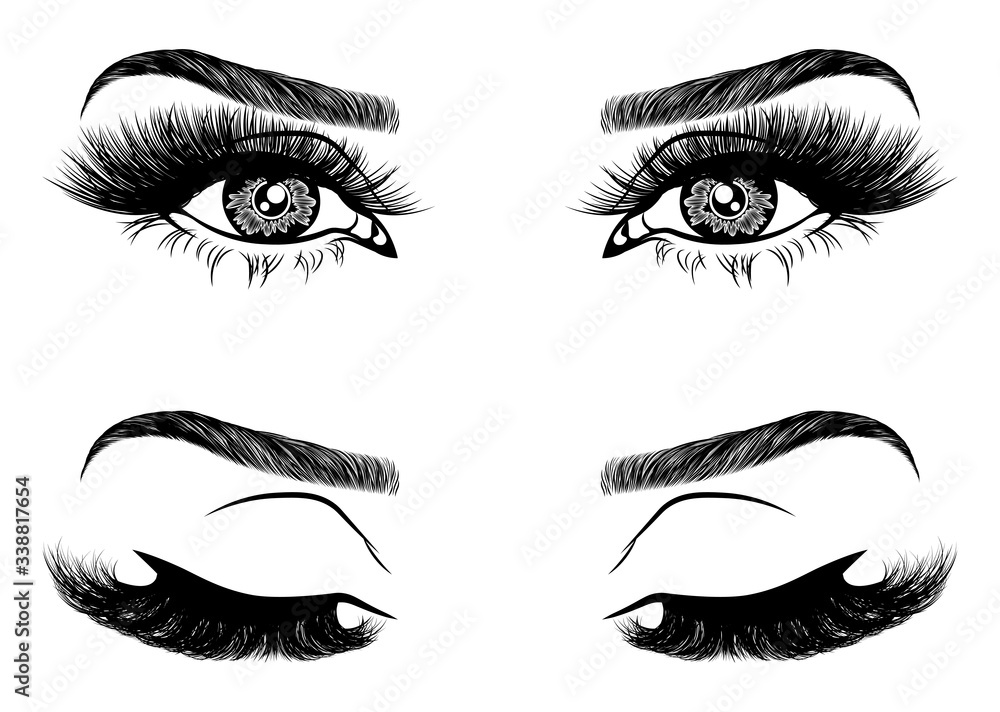 Illustration with woman's eyes, eyelashes and eyebrows. Realistic sexy makeup look. Tattoo design. Logo for brow bar or lash salon. Illustration with woman's eyes, eyelashes and eyebrows. Realistic sexy makeup look. Tattoo design. Logo for brow bar or lash salon.