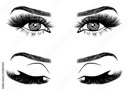 Illustration with woman's eyes, eyelashes and eyebrows. Realistic sexy makeup look. Tattoo design. Logo for brow bar or lash salon.