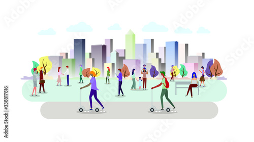 People in the city. Color cityscape ecology. People using mobile internet technology. Building panorama background. vector illustration. 