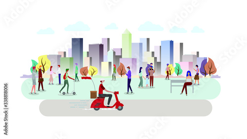 People in the city. Color cityscape ecology.  People using mobile internet technology. Building panorama background. vector illustration. 