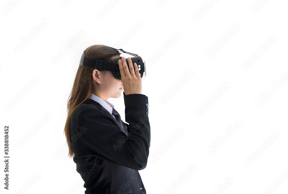 young woman having fun with VR headset device simulation in white background young woman having fun with VR headset device simulation in white background