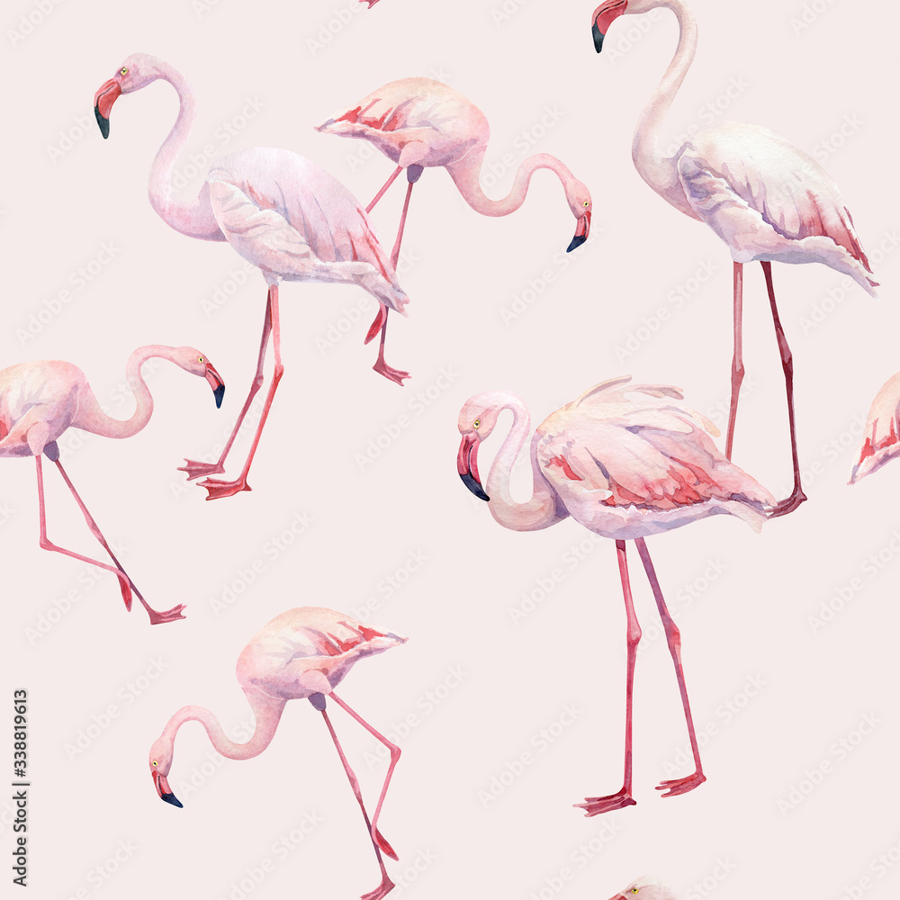 Obraz premium Seamless pattern of watercolor pink flamingos