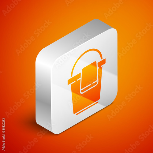 Isometric Bucket with rag icon isolated on orange background. Cleaning service concept. Silver square button. Vector Illustration