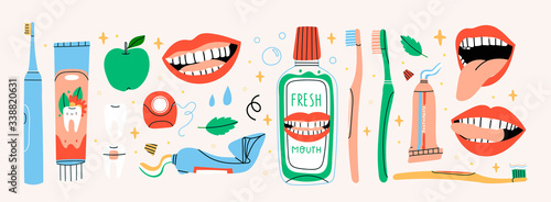 Big set of mouth Cleaning tools, apple, mint, smiling teeth. Various Toothbrushes, toothpaste, dental floss, mouthwash. Dental hygiene, Oral care concept. Hand drawn Vector isolated illustrations