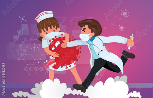 Vector illustration fight covid-19 corona virus. cure corona virus. Doctor  and Nurse fight virus concept. corona viruses vaccine concept. end of 2019-ncov. don't be afraid 