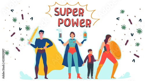 Superhero character protect child, concept defend from coronavirus, isolated on white, flat vector illustration. Swordsman, woman with shield guard from virus, bacteria. Wash hand, sanitizer, soap.