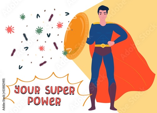 Superhero man with shield, red cloak, protect from virus, coronavirus, bacteria, concept flat vector illustration. Your super power design banner, help immune system, strong immunity, perfect health.